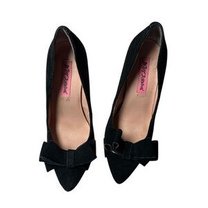 Betsey‎ Johnson Black Suede Bow Pointed Toe Kitten Heel Pumps Classic Shoes